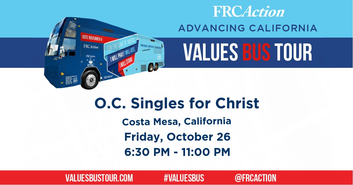 FRCAction's tweet photo. The #ValuesBus will be at the O.C. Singles for Christ gathering tonight. Join us #OrangeCounty! Get voter guides, t-shirts, and sign the bus!
@OCSFC1 Details at https://t.co/oUWNHG9cxS https://t.co/uSn9uHN46b