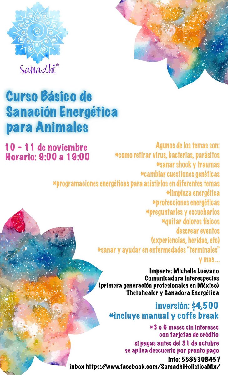 SamadhiResort's tweet photo. ¿Cómo ayudo a mis animales de compañía? Toma el 1er curso básico de sanación energética p/animales! Se el mejor complemento de tu veterinario, sánalos emocional y físicamente! Aparta ya! Si pagas antes del 31 de oct hay un súper descuento! Pagos c/tarjeta a 3/6 mss sin intereses https://t.co/fOt24q1KMG