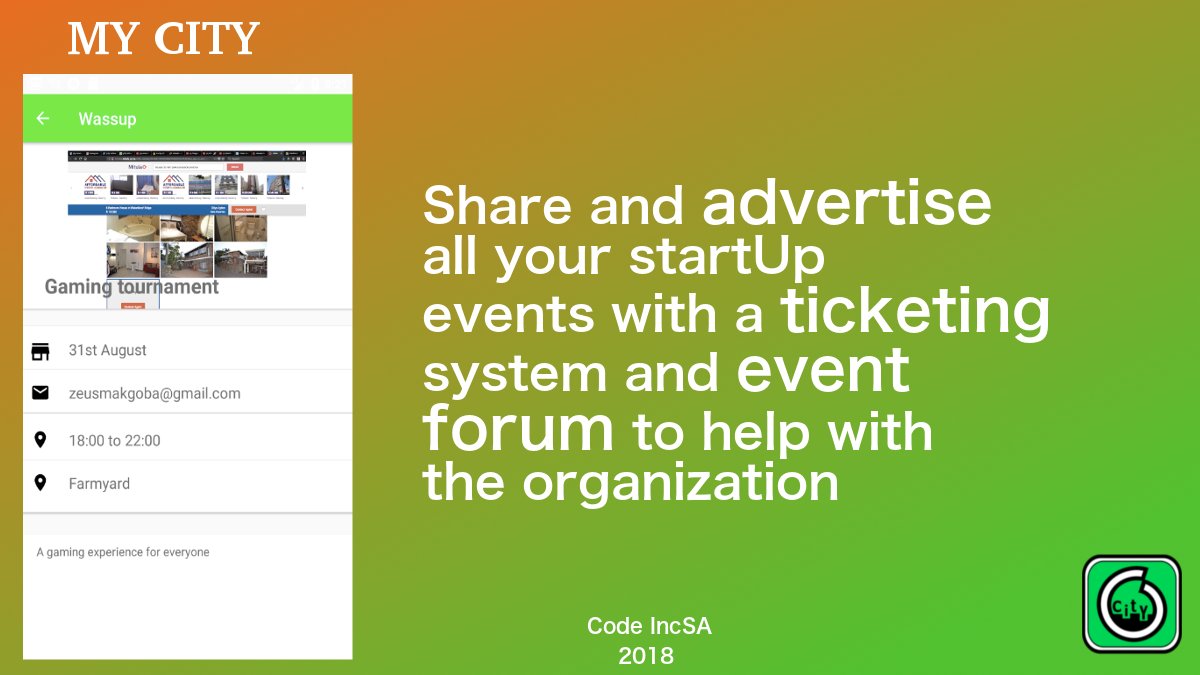 MyCity_Code's tweet image. Share your own events and find out more about our startUp meetup sessions.👩🏾‍💻👨🏾‍💻  Coming January 2019😎😎  

Available on @MyCity_Code.   

Beta currently available on Playstore:play.google.com/store/apps/det…

A product of @code_incsa

sign up for the newsletter coming month end