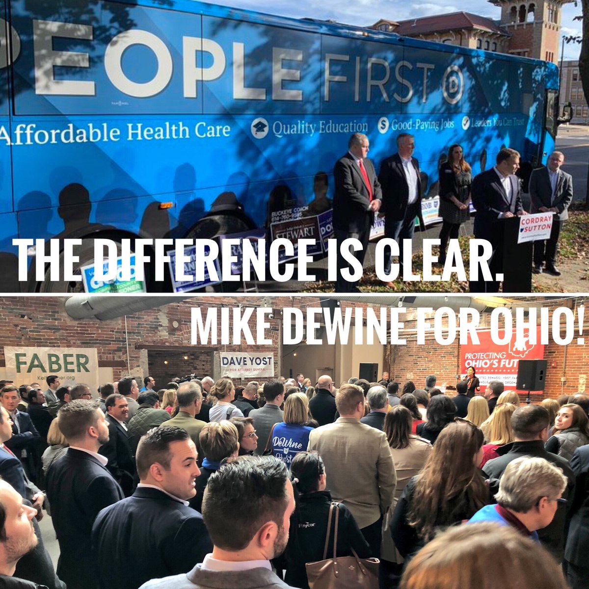 ohiogop's tweet photo. A tale of two tours.

The difference is clear - enthusiasm for @MikeDeWine and the Republican ticket is resonating across Ohio! #ProtectOhio https://t.co/liYDOpv0Bk