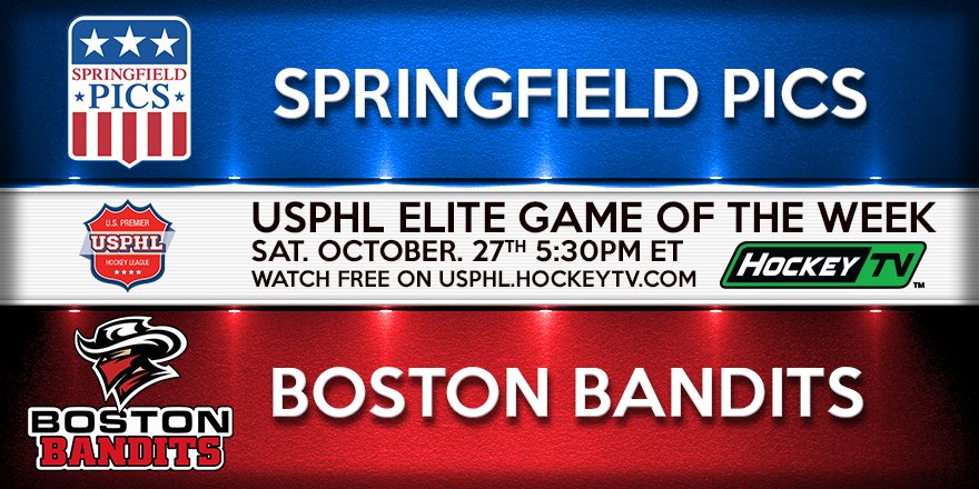 USPHL's tweet photo. Don't forget to check out our #USPHLElite #GameOfTheWeek on Saturday evening between the #SpringfieldPics and @Jr_Bandits. Go to https://t.co/E2X3drgTe7 and tune in! https://t.co/vxX8b2Ud4W