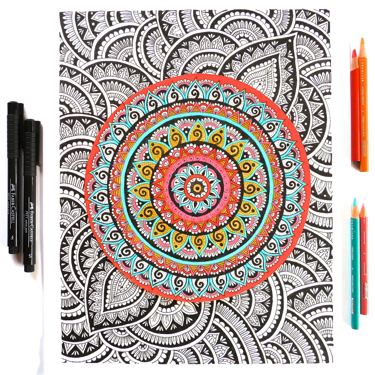 SJODesign's tweet photo. Layered designs - One of my colorful mandalas on top of a black &amp; white design I drew #art #mandala #drawing #design #fabercastell https://t.co/92cG5UpHC1
