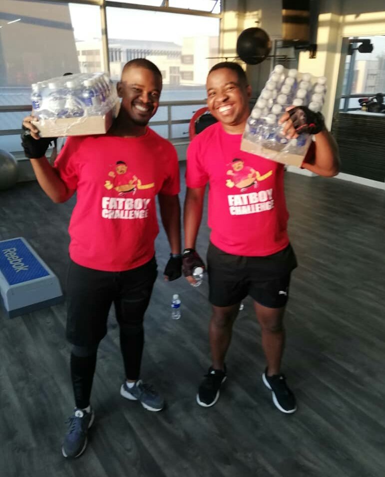 yaronafm's tweet photo. Thobo Koontse (YMH) and Lesego Sikele (BPOMAS) ending the week on a high note and getting Refreshed with a case of O3 water. #FatBoyChallenge #FBC2018 #FatCheck https://t.co/y3lXZMbWKk