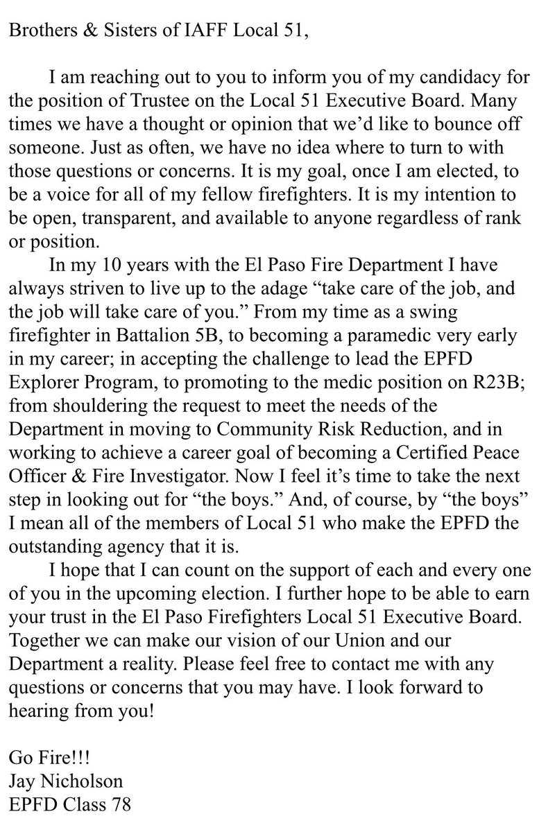 Jfire189's tweet image. I am running for Trustee of #Local51 #ElPaso Firefighters Union. I would greatly appreciate the support of all #EPFD members. Thank you!