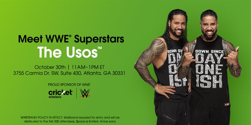 WWEUsos's tweet photo. #ATL! Stand up! Come hang out with the #TruTagTeam, the #DayOneIsh @CricketNation #USOOOOO on 10/30! https://t.co/GTRGykDrg9 #Sponsored https://t.co/CzfHw9whBk