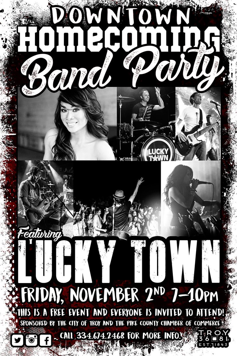 We are one week away from our Downtown Homecoming Band Party featuring <a href="/LuckyTownBand/">Lucky Town</a>! Kick off your homecoming weekend festivities with us in Downtown Troy! #36square81 #downtowntroyalabama #rtw #onetroy
