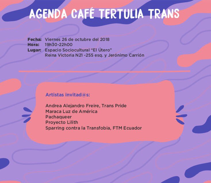Hoy, en cierre de nuestra Agenda del #OctubreTrans2018, tendremos el Café Tertulia Trans.
Con #AndreaAlejandroFreire, #LaMaracaLuzdeAmerica, #PachaQueer y #ProyectoLillith, grandes artistas exponentes del arte trans + Sparring contra la violencia por <a href="/FTMEcuador/">FTM Ecuador</a>