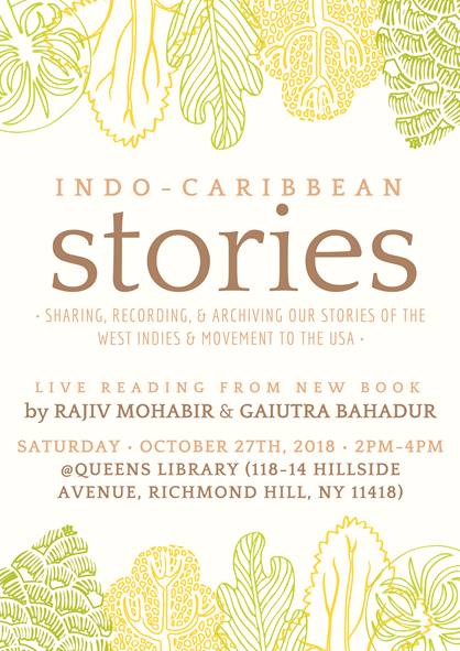 HumanitiesGC's tweet photo. Rain or shine, join us Sat @QueensLibrary from 2-4pm for Indo-Caribbean community storytelling, with readings by @gbahadur &amp; @rajivmohabir with @SAADAonline &amp; @APAInst &amp; chance to share, record, &amp; archive your stories; free &amp; open to all. RSVP &amp; more info: https://t.co/1409337pxH https://t.co/NO6BaXjNsZ