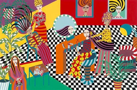 “Saturday Salon” by Helen Zughaib | Archival Pigment Print

Zughaib shows the quiet dignity of her subjects through everyday acts. Her paintings range from a crowded room of veiled women to shoes placed on an Islamic geometric design.