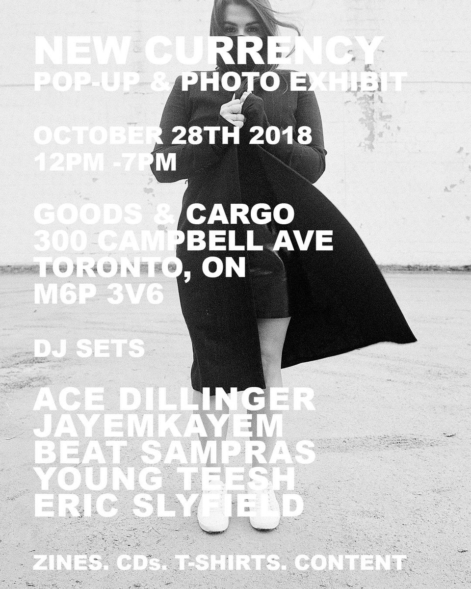 Toronto, join us this Sunday for a pop-up and photo exhibit. 

We're dropping a collab tee with <a href="/fckTG/">.</a>, a limited edition zine, and a free CD with exclusive mixes from <a href="/Nico_Adomako/">Nico Adomako</a>, Toronto-based DJ <a href="/Jayemkayem/">jayem</a>, <a href="/_beatsampras/">futuretaher</a> and more.

12:00 - 7:00pm, 300 Campbell Ave. 📍