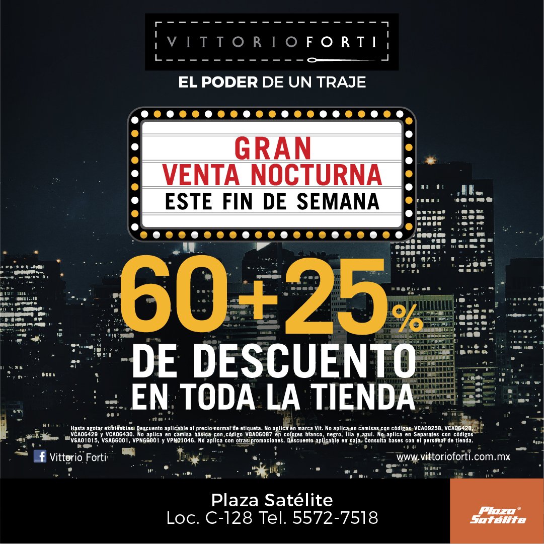 PSatelite's tweet photo. ¡Continúan los descuentos en #VITTORIOFORTI! 📍🛍👔👖
Ven este fin de semana a #PlazaSatélite y aprovecha las promociones especiales que tienen para ti.
#ElPoderDeUnTraje
@VittorioForti https://t.co/EWSTQVJHlR