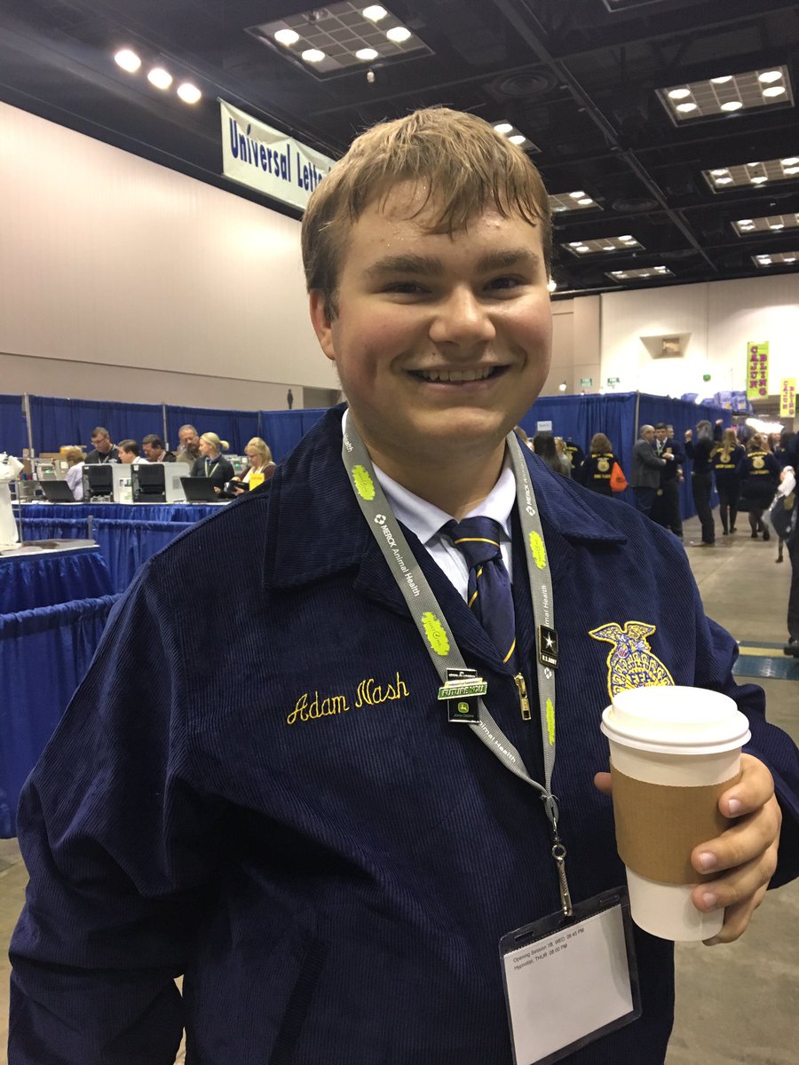 FisherFFA's tweet photo. Final day of National FFA Convention! We started with time at the fourth general session with a retiring address from the Central Region VP and keynote speaker , Mary Snapp of Microsoft Philanthropies. Then, last minute time in the career expo. Adam got his very own FFA Jacket! https://t.co/6DocaBojjB