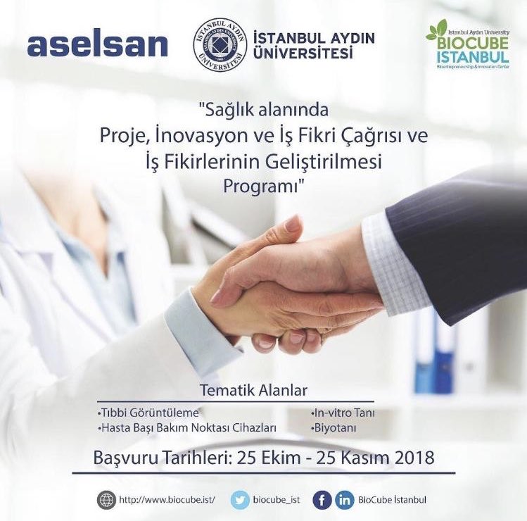 SAĞLIK GİRİŞiMCİLERİ BU FIRSATI KAÇIRMAYIN! İstanbul Consulting Group (ICG) A.Ş.ın desteğiyle 2018 Yılı Proje, İnovasyon ve İş Fikri Çağrımız, Aselsan ve İstanbul Aydin University stratejik ortaklığında açıldı.Belirlenen tematik alanlardaki girişimleri programımıza bekliyoruz.