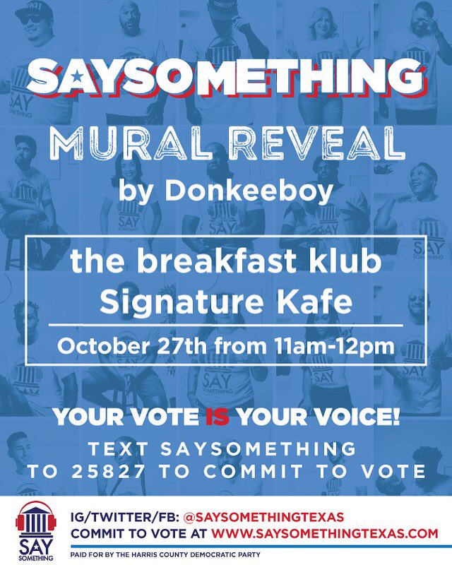 saysomethingTX's tweet photo. 🚨TOMORROW!🚨
We want to see &amp; meet you. Join us as we officially unveil the VOTE mural. Thank you @donkeeboy for creating a masterpiece and showing that everyone has a voice in this election. #saysomethingtexas 
📱Text SAYSOMETHING to tel:25827
💻 visit https://t.co/AHuDlngKNX https://t.co/sez2hc0TNy