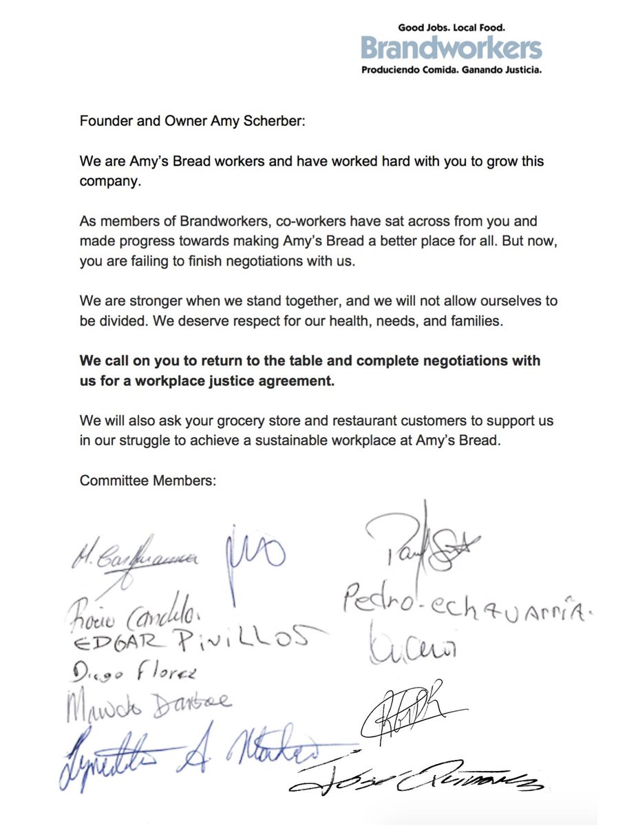 brandworkers's tweet photo. Last week, we @amysbread workers went back to an adversarial campaign, forced by the unwillingness of management to hear our voices. Share our letter and what we are fighting for: 
#whomakesamysbread https://t.co/9U6DqJby6G