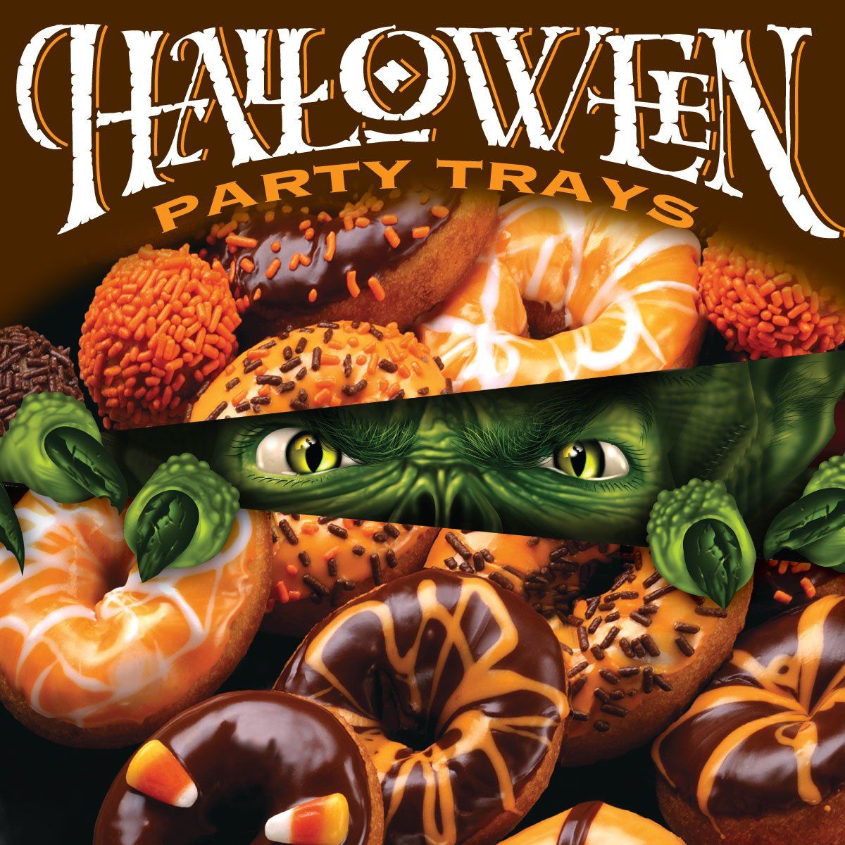 WARNING: Picking up a Halloween party tray for the costume party may lead to hilarious images of frankenstein and a mummy fighting over the last donut