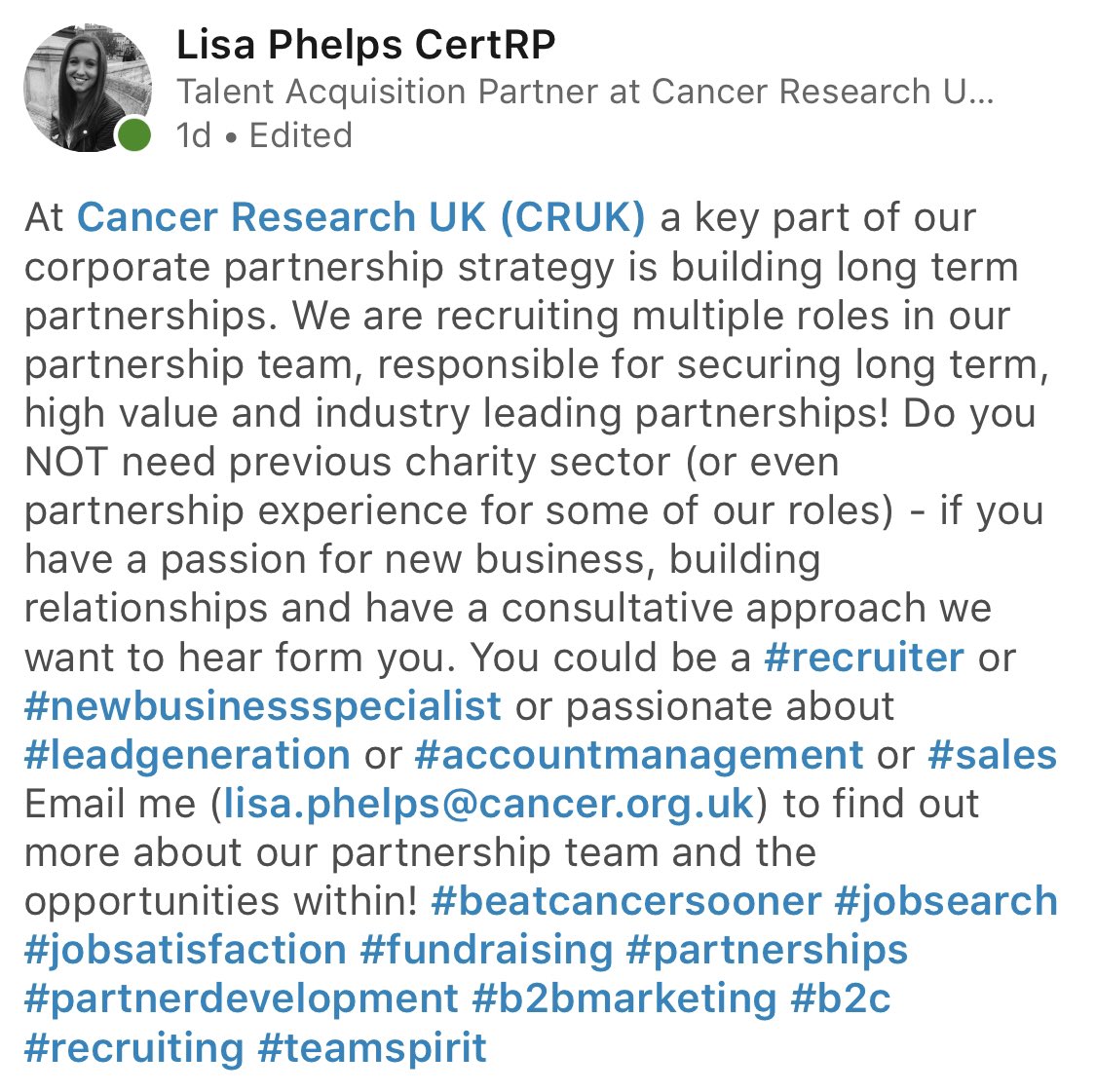 LisaPhelps20's tweet photo. #StandUpToCancer #SU2C #SUTC #recruitment #talent #jobs #career #London https://t.co/GT8B6ifrHT