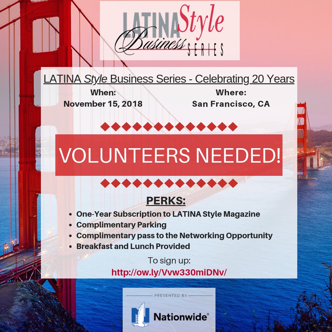 LATINAStyleMag's tweet photo. We're looking for motivated people willing to help us during the LATINA Style Business Series through volunteering.
To sign up:
https://t.co/4DKr0Bhu1V
#Volunteer #LSBusiSeriesSF #LSBS2018 https://t.co/FdOlyoLof3