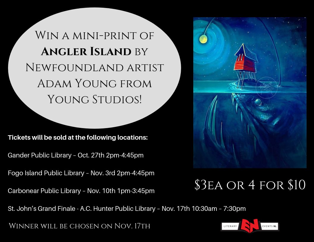 LitEventsNL's tweet photo. Be sure not to miss our next tour stop tomorrow, Oct. 27th from 2-4pm at the #Gander Public Library! We’ll be selling tickets to win this gorgeous print by Adam Young of Young Studios! @NLPubLibraries https://t.co/bLUUOS21FH