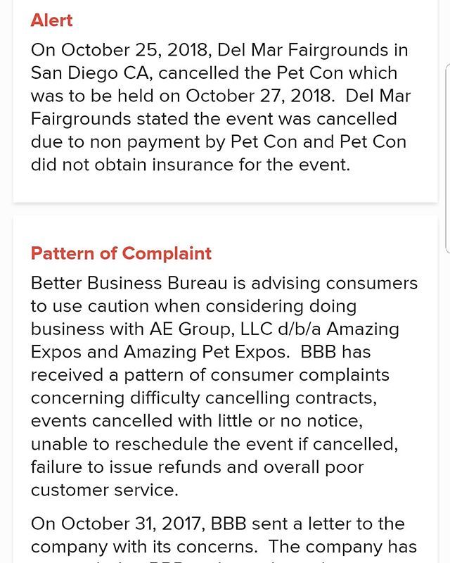CharmaineGPhoto's tweet photo. https://t.co/0BLwFDyykk

https://t.co/tEHbA5YU92

I have some unfortunate news to share – San Diego Pet Con has been canceled due to the event organizer’s (Amazing Pet Expos) apparent lack of payment to the Del Mar Fairgrounds.  I want to be clear that… https://t.co/gxrotWJzko https://t.co/gPOtaGBaA3