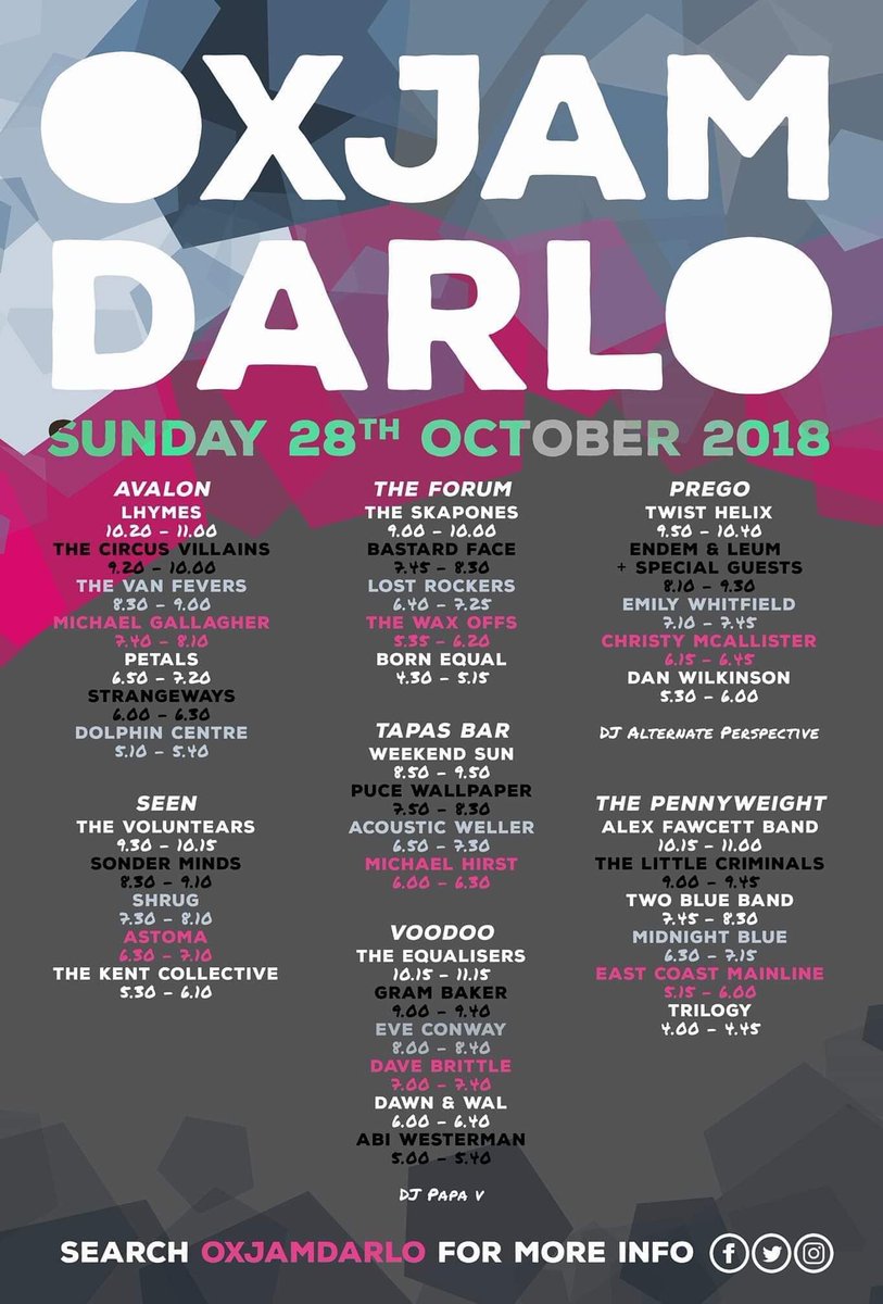 Just a reminder, we play OxjamDarlo this Sunday.. sub-headlining the Avalon stage ahead of the devilishly handsome <a href="/LhymesBand/">Lhymes</a> 

9:20PM, <a href="/AvalonDarlo/">Avalon_Darlington</a> 

TICKETS £8 FROM OXFAM, DARLO!