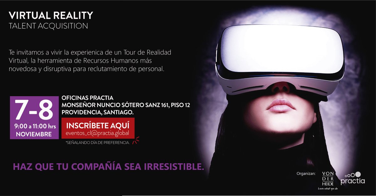 PractiaGlobal's tweet photo. Te invitamos a vivir un tour de realidad virtual este 7 y 8 de noviembre en Chile.
Inscríbete en: eventos_cl@practia.global señalando el día de preferencia.
Esperamos tu inscripción!
#PractiaGlobal #RalidadVirtual #PractiaChile #VonDerHeide #Chile #VirtualReality https://t.co/mtFsFvAFUD