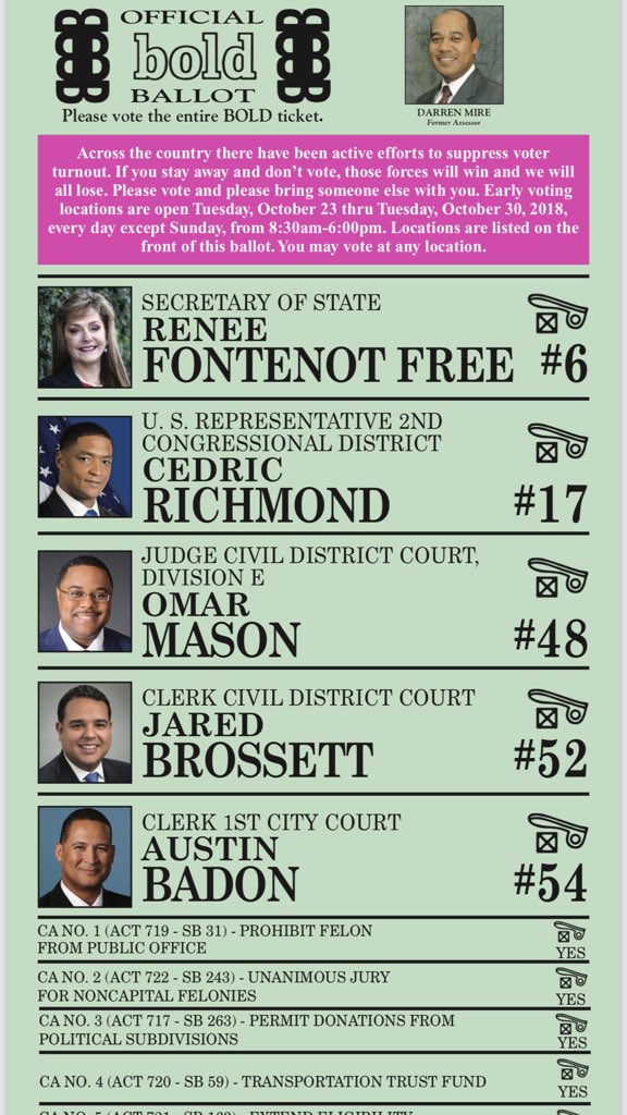 BOLDnola's tweet photo. Our recommendations for Nov 6 Election. #nolaelex #gotv #MidtermsMatter please vote the entire BOLD ticket. https://t.co/jK6LIpk4Em