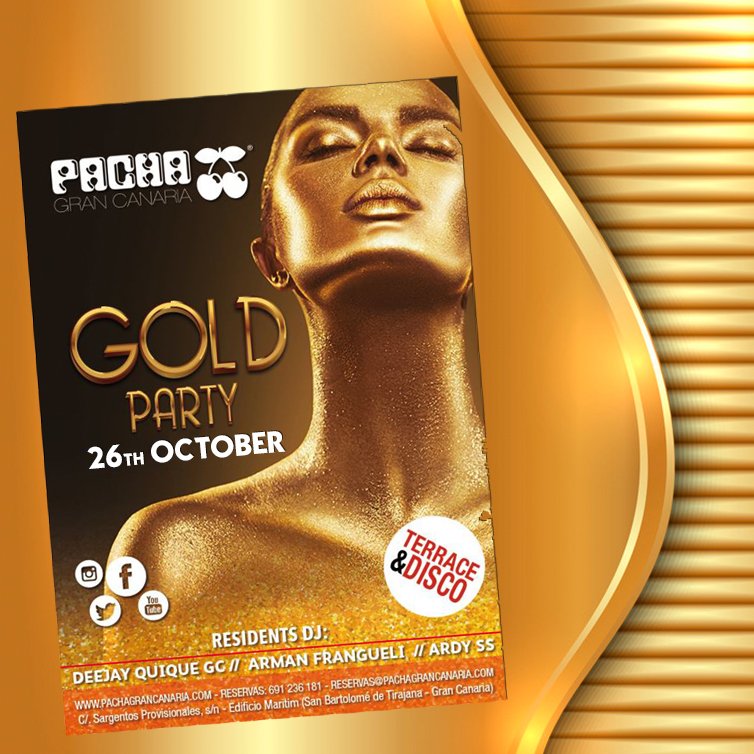 PachaGC's tweet image. 🇪🇸Este viernes vive Pacha Gold, una fiesta para brillar en Pacha Gran Canaria 🍒
🇬🇧 This Friday live Pacha Gold, shine with us in Pacha Gran Canaria 🍒
Reservas/Bookings 0034 691 23 61 81 · Reservas@pachagrancanaria.com
#PachaGranCanaria #PachaGC #Maspalomas