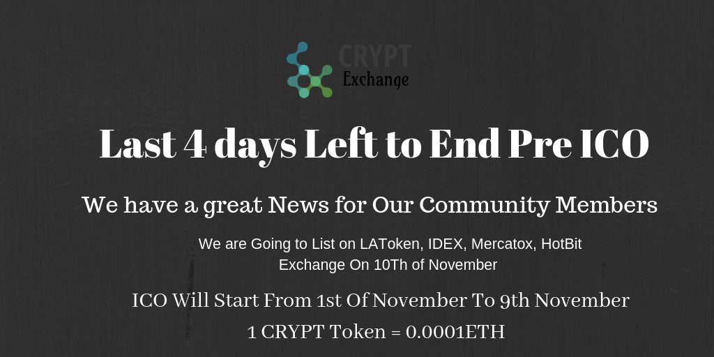 Last 4 Days Left to END PRE ICO
we are Confirmed On #Latoken #Mercatox #IDAX #HotBit Listing  On 10Th Of November 2018

Now we are giving 100% bonus On Any Investment 
#Listing #CRYPT #ICO #PREICO #Exchange #6days