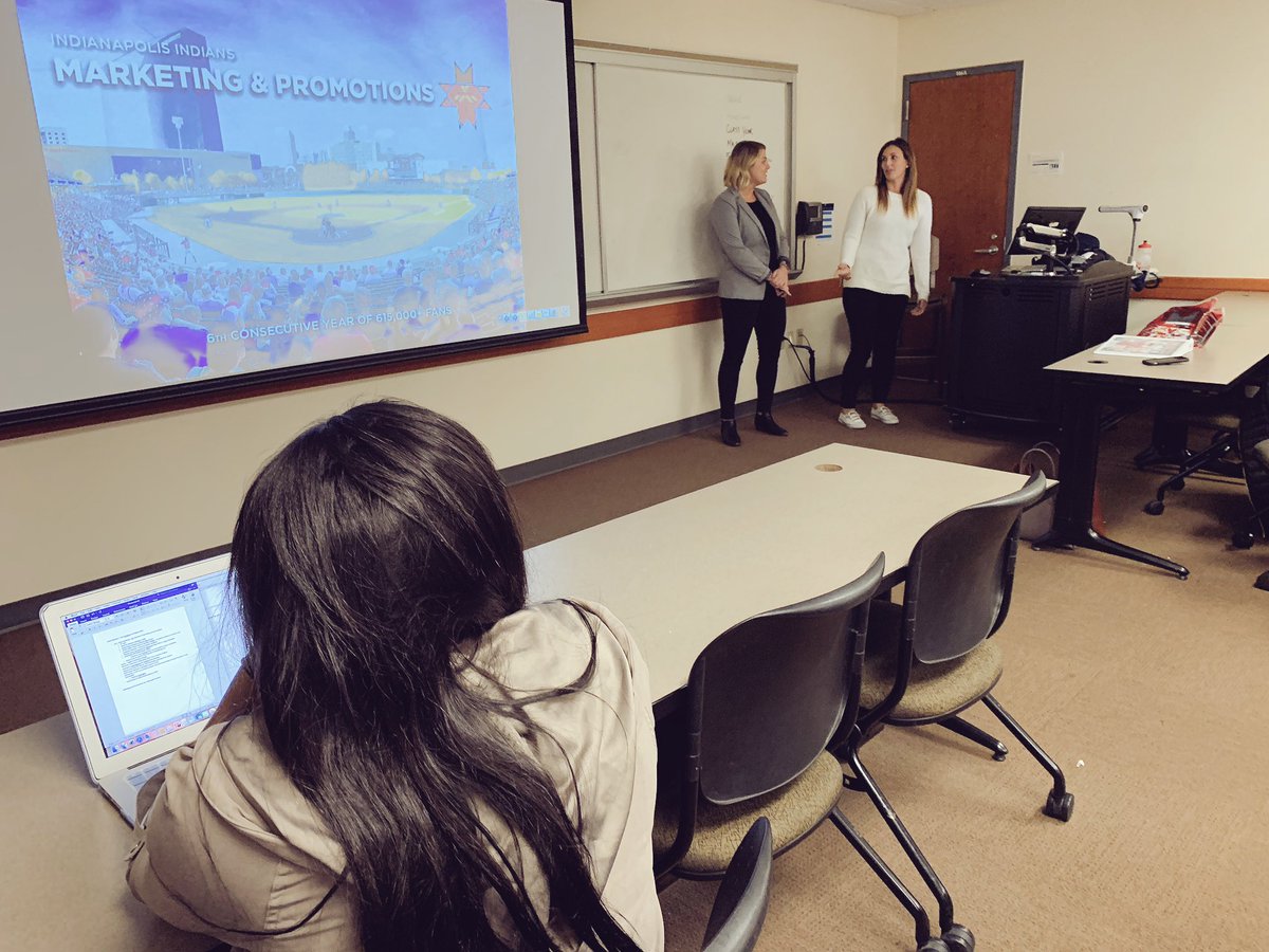 MSKaltenmark's tweet photo. We welcomed @KimmyStoebs & @shaylaasmith from @indyindians to #ButlerSTR356 this week; sharing great insight into the planning and execution of an impressive comprehensive marketing/promotion plan. #RollTribe https://t.co/5hsGCcPV23