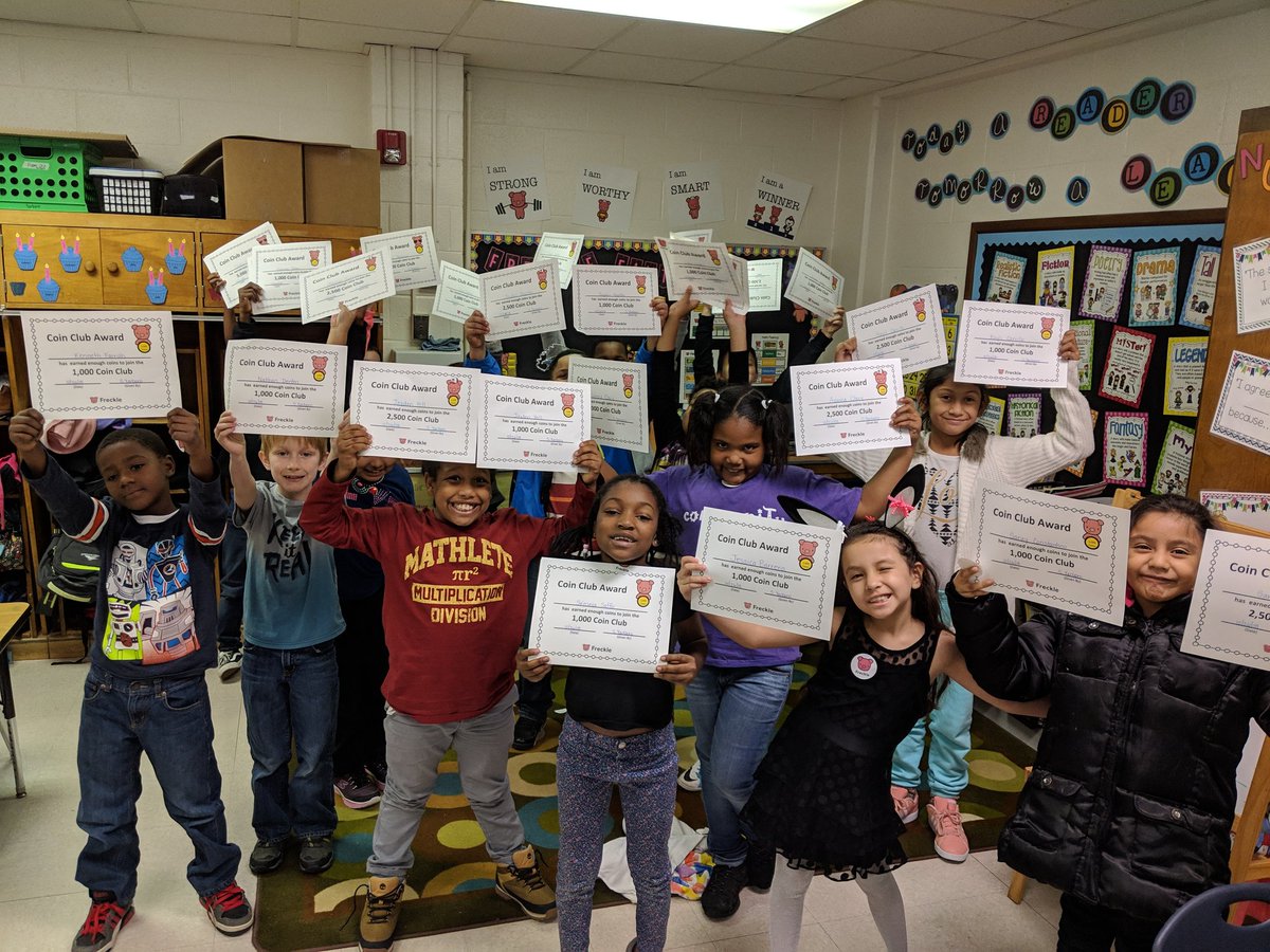 sdyarboro's tweet photo. We were so excited to get our first Coin Club certificates today!  Glad my students share the love for @learnfreckle that I do!  Now they want to know how they can get a Piggy shirt like mine.  #inwiththepig https://t.co/A5rQ2F60OL