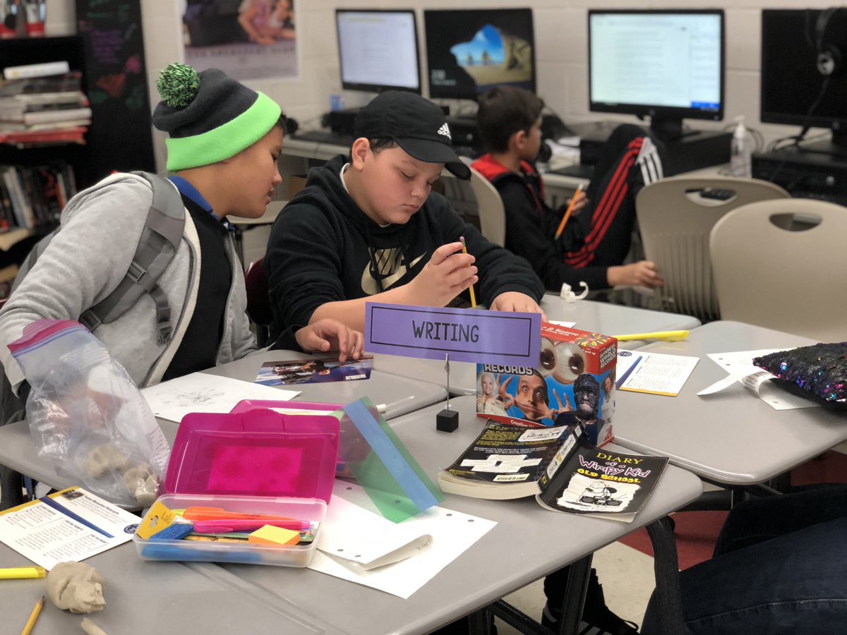 Students from Mrs. Kreudl’s class  worked in centers creating stories based on a photo they chose  and then annotated for parts of speech. They used the play dough to recreate their main character. #theroomwhereithappens #robms #brackmanbulldogs