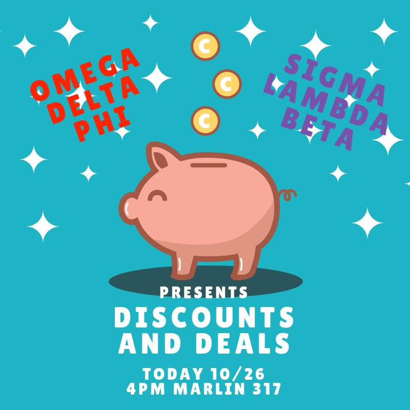 Are you a struggling college student who likes to find deals? Come check out Omega Delta Phi and Sigma Lambda Beta’s student discount and deals workshop today at 4PM in UC Marlin 317! <a href="/TAMUCC_SLB/">TAMUCC Betas</a> @Island_Knights