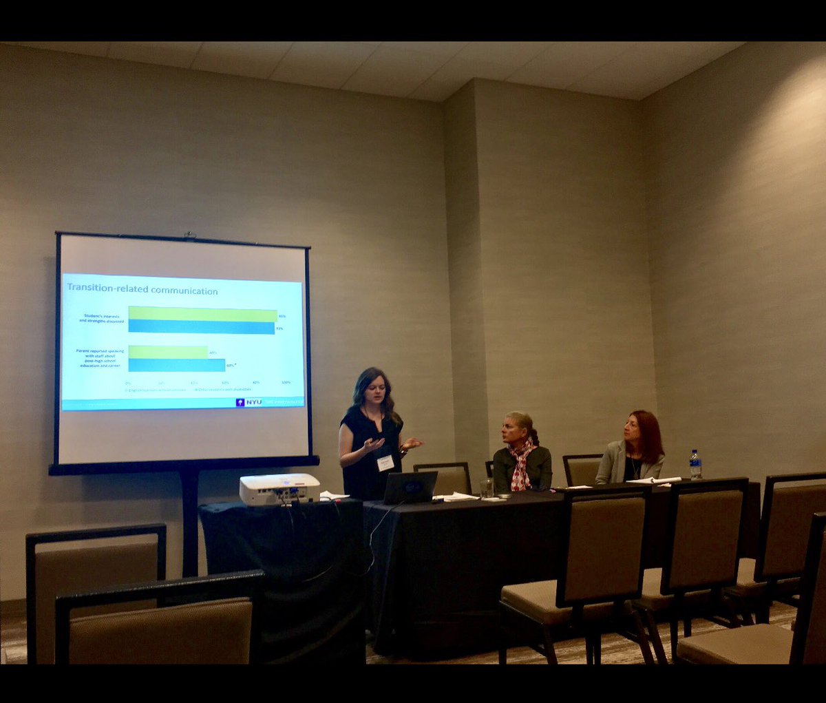 PSSIEP's tweet photo. @RachelETraxler, Audrey Trainor, and Lynn Newman talked about who are #EnglishLearners with #disabilities? Great convo with #teachers and #researchers!  #postschoolsuccess [image description: one woman stands in front of a presentation while two women sit] https://t.co/jbc3N0cfI2