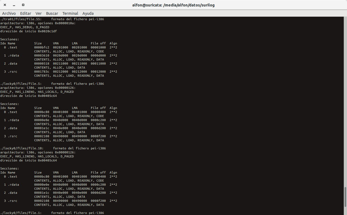 seguridadyredes's tweet photo. #Suricata_IDS. Buscando PE32. #objdump
find -name 'file.*.meta' | while read malware ; do egrep -i "PE32" -l $malware | cut -f1-3 -d. | xargs -I% objdump -h -f % ; done https://t.co/aahMDu6qKl