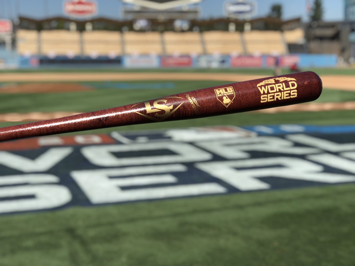 MLBNetwork's tweet photo. Live coverage of Game Three from LA starts now! 

RETWEET for your chance at this @sluggernation #WorldSeries bat! 
Rules: https://t.co/BGpsZo4uRZ https://t.co/wbU5A4ptwU