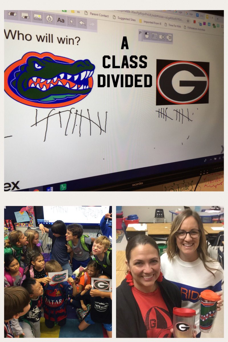 MrsKatyAllen's tweet photo. A class divided: Who will win? @MrsKatyAllen’s @FootballUGA or @lbcalahan’s @GatorsFB losing teacher had to wear the winning team’s colors next Friday #orangeisnotmycolor #godawgs https://t.co/gst1DdqhS0