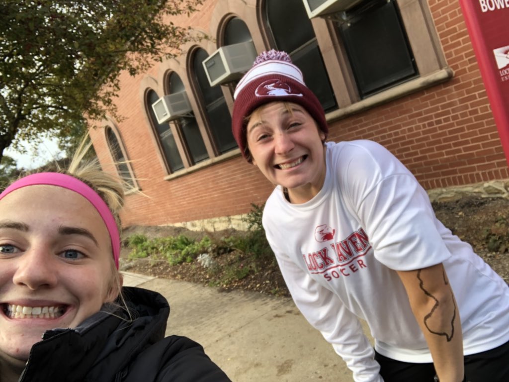 Lhu_wsoc's tweet photo. Head coach Kathy Brown and assistant coach Matt McCormick pose for a picture prior to our bus ride to Cal PA! #Havenween https://t.co/sGyYC1MLO0