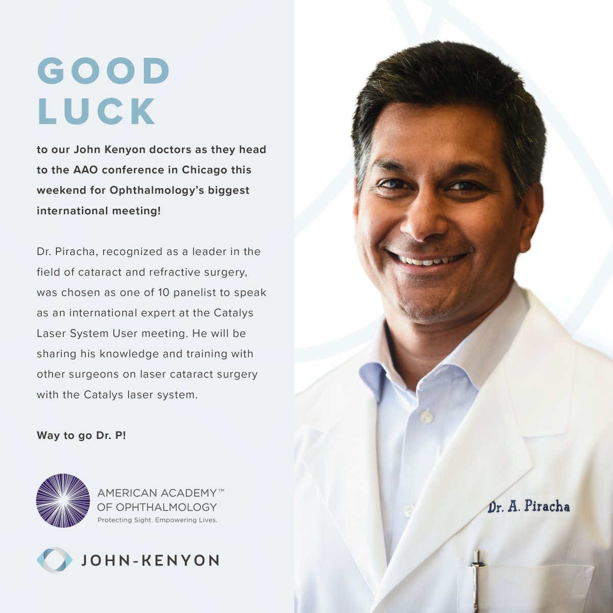 johnkenyonLASIK's tweet photo. Good luck to Dr. Piracha and our John-Kenyon doctors as they head to Chicago for the AAO conference this weekend!
#chicago #aaoconference #lasersystemusermeeting #cataract #refractivesurgery #ophthalmology #catalys #catalyslasersystem https://t.co/Z3kPUhWySN
