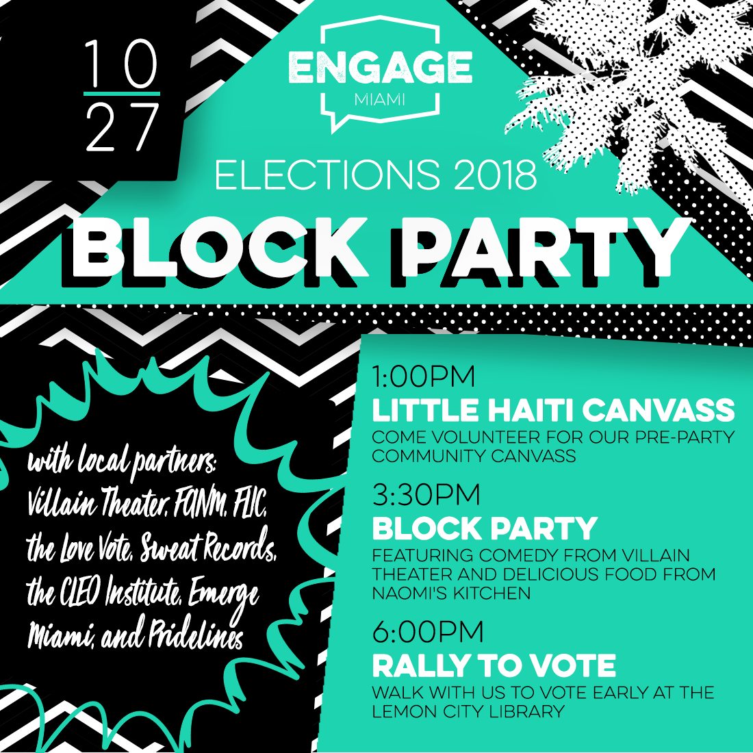Elections 2018 Block Party in Little Haiti at <a href="/LHCCmiami/">Little Haiti Cultural Complex</a> tomorrow! Come at 1pm to go canvassing or join the party at 3:30 w/ DJs, food, comedy, y mas! Cheers to <a href="/EngageMIA/">Engage Miami</a> <a href="/Villaintheater/">Villain Theater</a> <a href="/FANMOrg/">FANM.org</a> <a href="/CLEOInstitute/">The CLEO Institute</a> <a href="/EmergeMiami/">Emerge Miami</a> <a href="/Pridelines/">Pridelines</a> &amp; everyone else here for the cause ✊ #GOTV