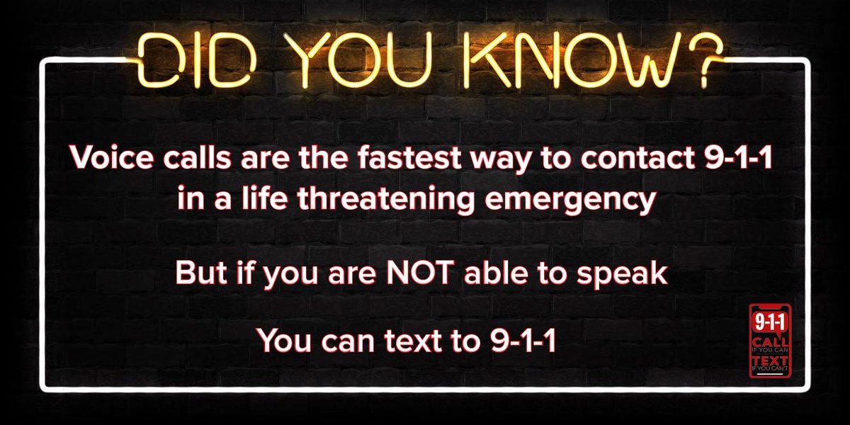 GHC911's tweet image. Voice calls are the fastest way to contact 9-1-1 in a life threatening emergency. If you are NOT able to speak you can text to 9-1-1 (if available in your area). *Text to 9-1-1 takes 3 to 5 times longer to process than a voice call*
#smarttext #texting #lifeemergency #fridayfacts