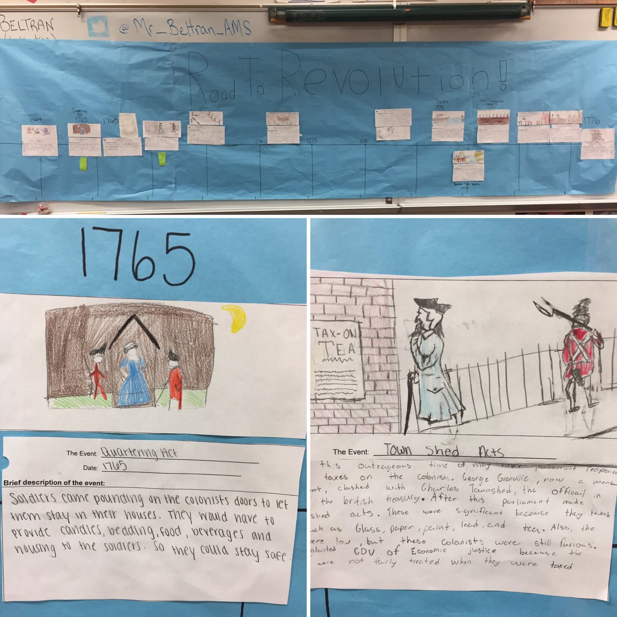 Mr_Beltran_NMS's tweet photo. Classes created timelines to help them answer the question: How and why did the relationship between Great Britain and her colonies change? #bamsknights #bamspln https://t.co/v8L9tuFl8u