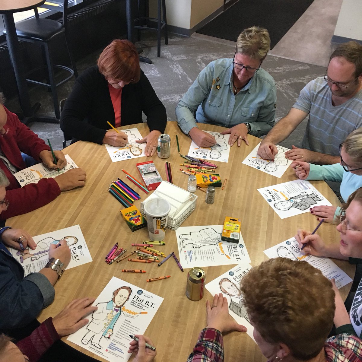 marston_hist's tweet photo. We had a coloring break to make our own #FlatBT What does your Flat B.T. look like? #MarstonHistorical #FMCGC19 #lightandlifemagazine https://t.co/uNJJ6kVKy3
