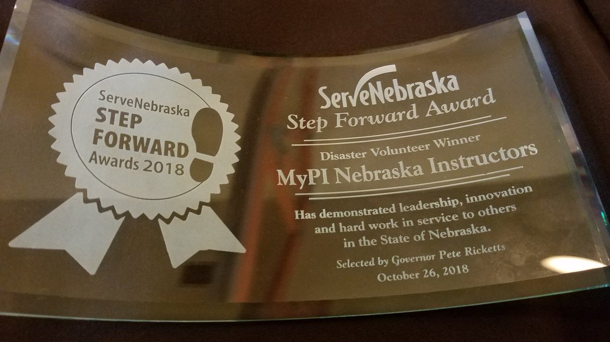 scochran2's tweet photo. Lancaster County MyPi instructor cohort received the ServeNebraska Step Forward Award in the Disaster Volunteer category. Leo Larkin, Wilma Gerena, Tom Guilford, Joy Mace, &amp; me. Honoring the memory of friend &amp; teammate Bruce Marxsen. Thanks @NEExtDisasters https://t.co/NCI1hlwIHb
