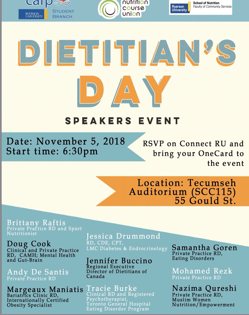 Hey Ryerson! Come on out to the school of nutritions biggest event of the semester! Speak one to one with dietitians from unique practices! Dinner and refreshments will be provided! RSVP HERE TO ATTEND DIETITIANS DAY!! connectru.ryerson.ca/event/88983