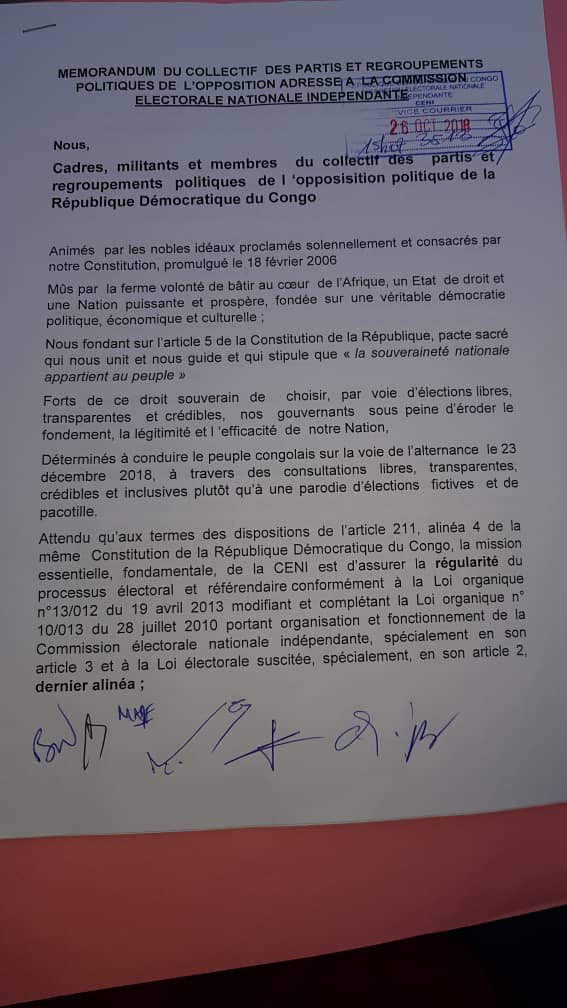 tshidmukendi's tweet photo. #RDC
Mémorandum du collectif des partis et regroupements politiques de l'opposition adressé au commission électorale nationale indépendante.
#Marche26octobre #26Oct2018 https://t.co/3TyEKyKJYP
