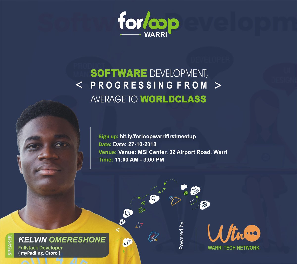 forLoopWarri's tweet photo. Kelvin Omershone aka @Dominus_Kelvin is a fullstack Developer at @mypadi_NG who have a passion for public speaking. Kelvin has spoken in many tech events across the country. Kelvin brings 🔥 and 💥 every time he speaks at a tech event. Tomorrow #forLoopWarri is going to be lit. https://t.co/yuUSBTe8ve