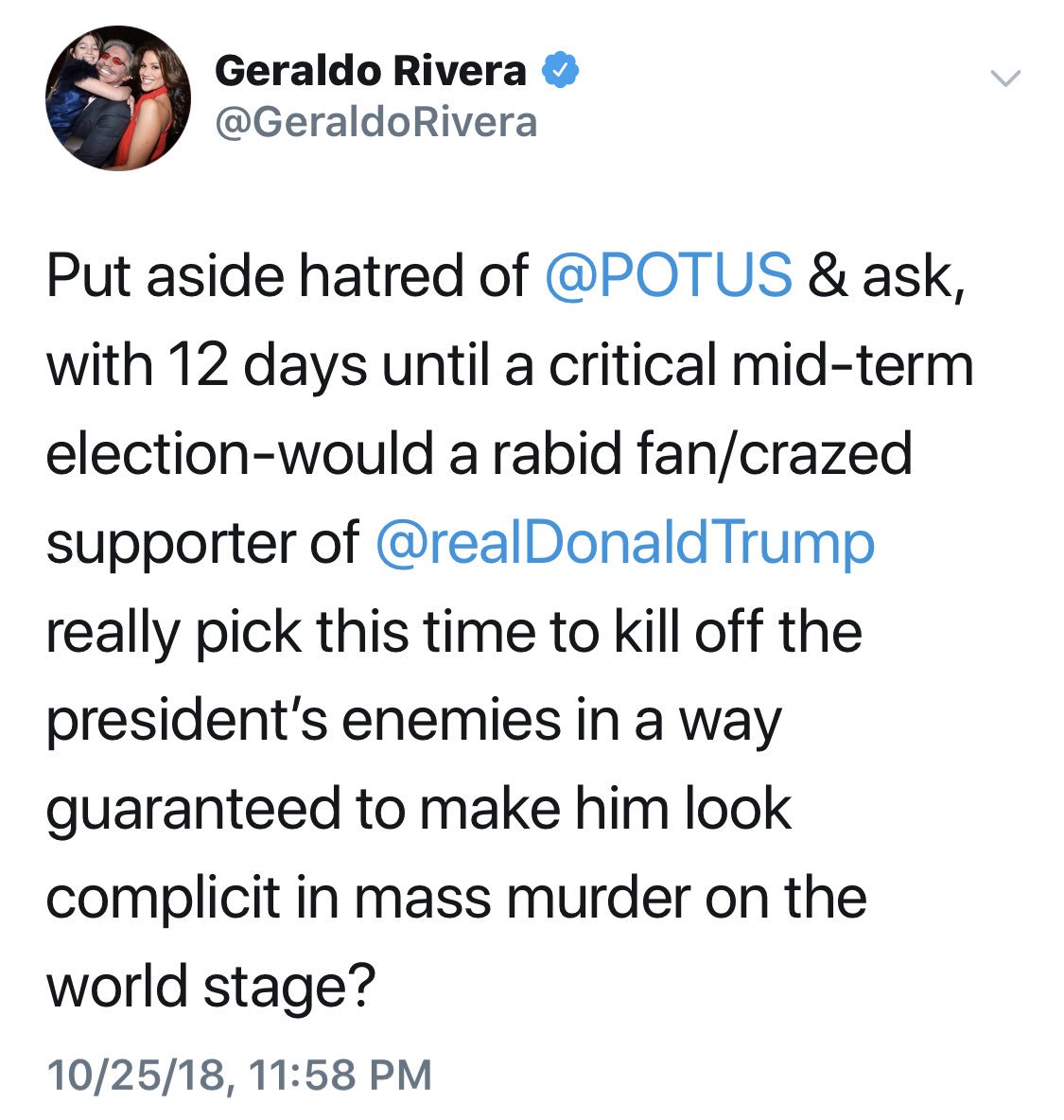 indianaoldsoul's tweet photo. @GeraldoRivera @realDonaldTrump Okay, I’m confused. So then...does finding out it *wasn’t* a false flag make Trump “look complicit in mass murder on the world stage” like you said it would? 🤔 #riddle https://t.co/M36KIoqEsJ