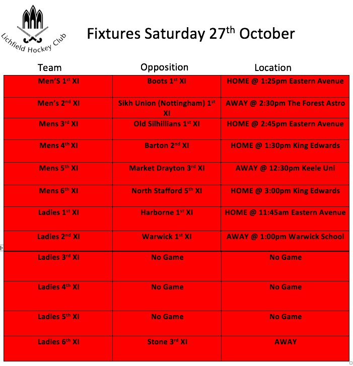 LichfieldHockey's tweet photo. Good luck to all teams in action this week!! Week 5 fixtures see a few teams having a well earned rest! It also sees both the Men's and Ladies 1st teams in action, both teams looking to put some more points on the board! Come on down and show some support!!! #3spires #3points https://t.co/7FxlSYMfxt