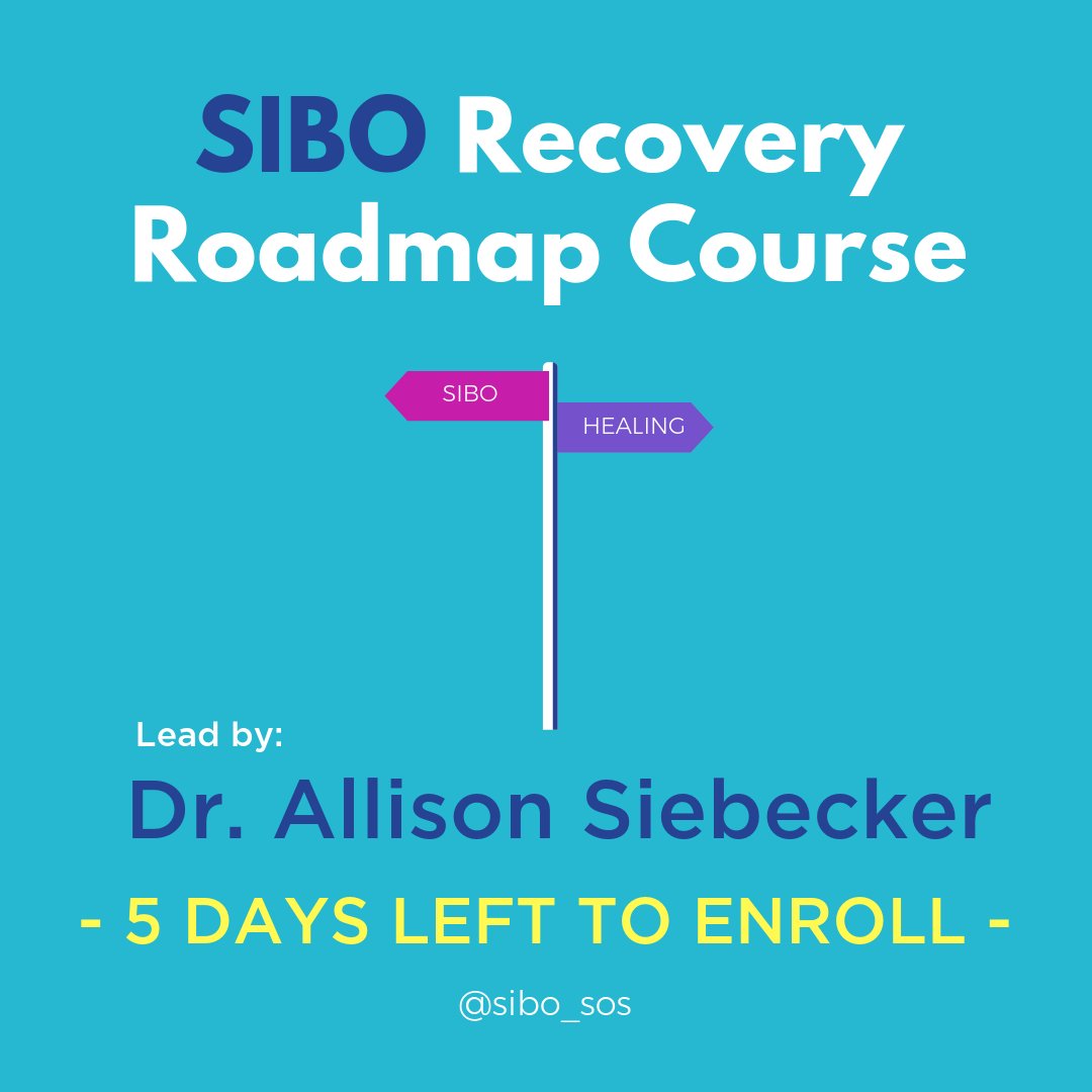 SIBOSOS's tweet image. 5 DAYS LEFT TO ENROLL in the SIBO Recovery Roadmap™ Course (SRR) lead by @drsiebecker! SRR is a 28-day protocol for patients that will help you understand, treat, and beat small intestine bacterial overgrowth (#SIBO). For more info visit: sibosos.com/roadmap-live/